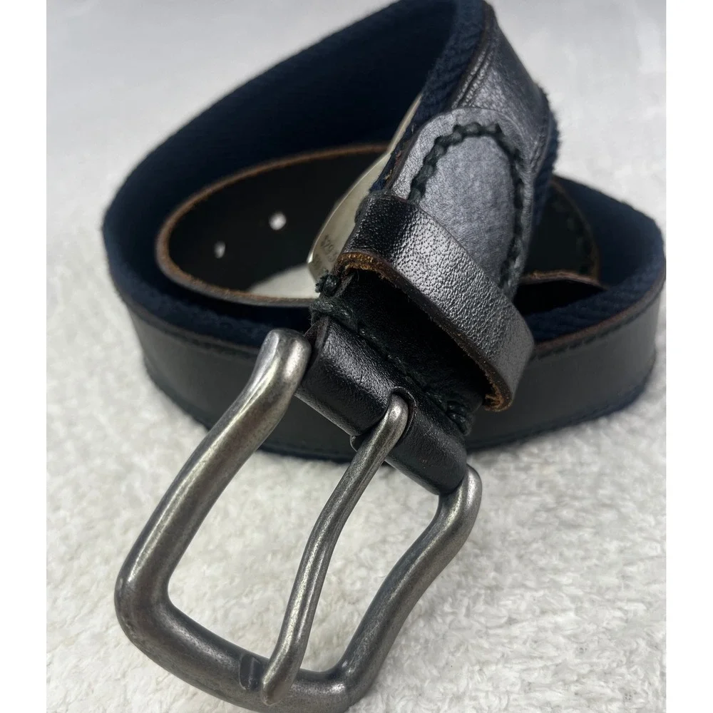 Abercrombie Kids Boys Black Leather Navy Woven Rope Trim Belt S/M 2K2106